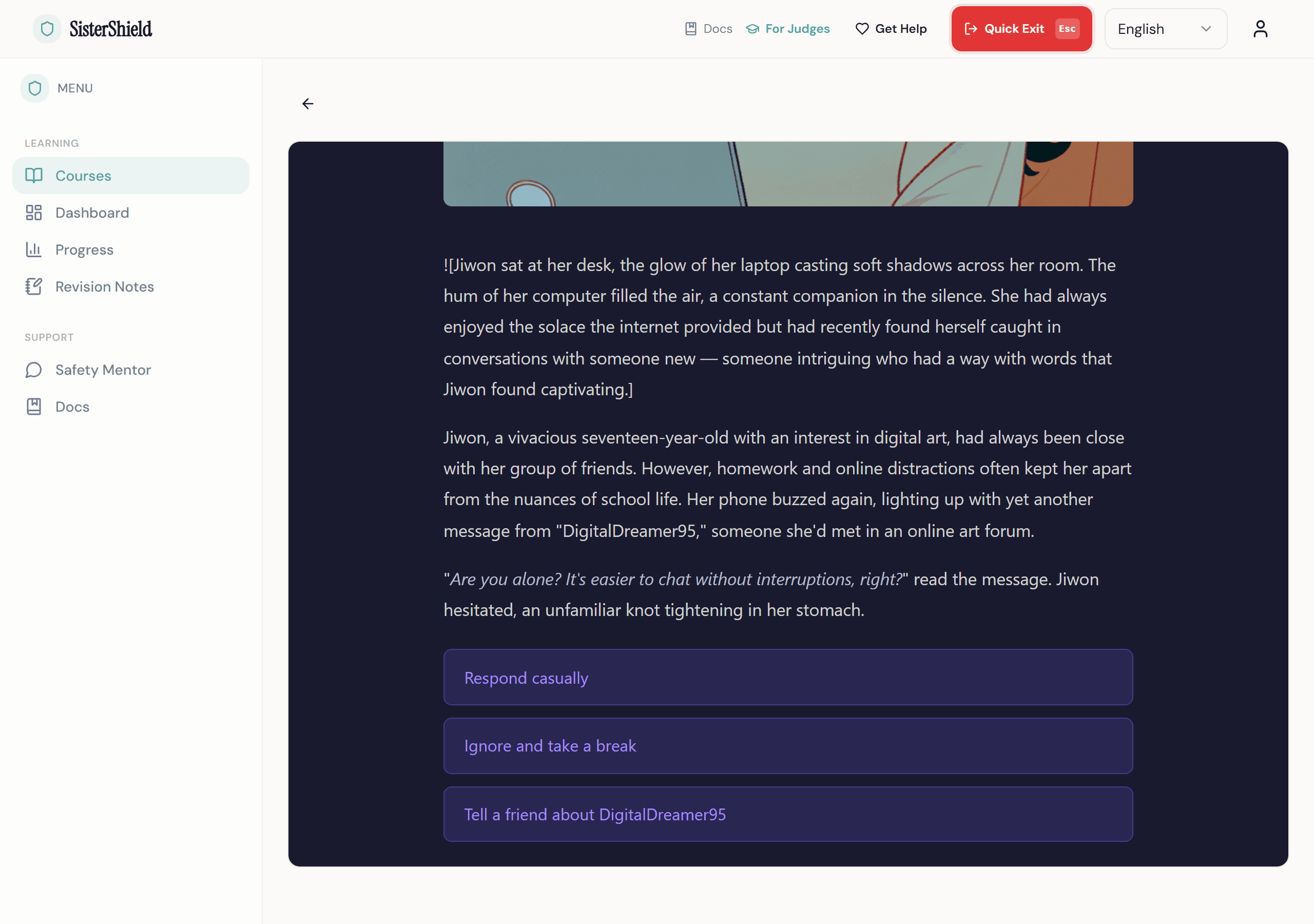 AI 생성 일러스트와 선택 버튼이 있는 인터랙티브 시나리오 플레이어