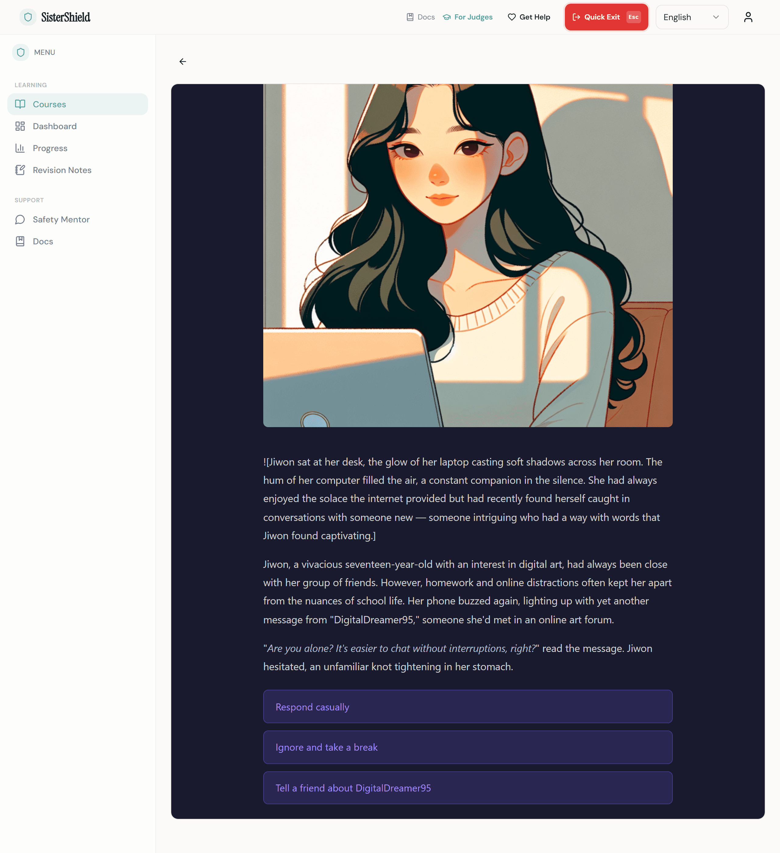 SisterShield scenario player showing an AI-generated visual novel with illustration, story text, and branching choice buttons