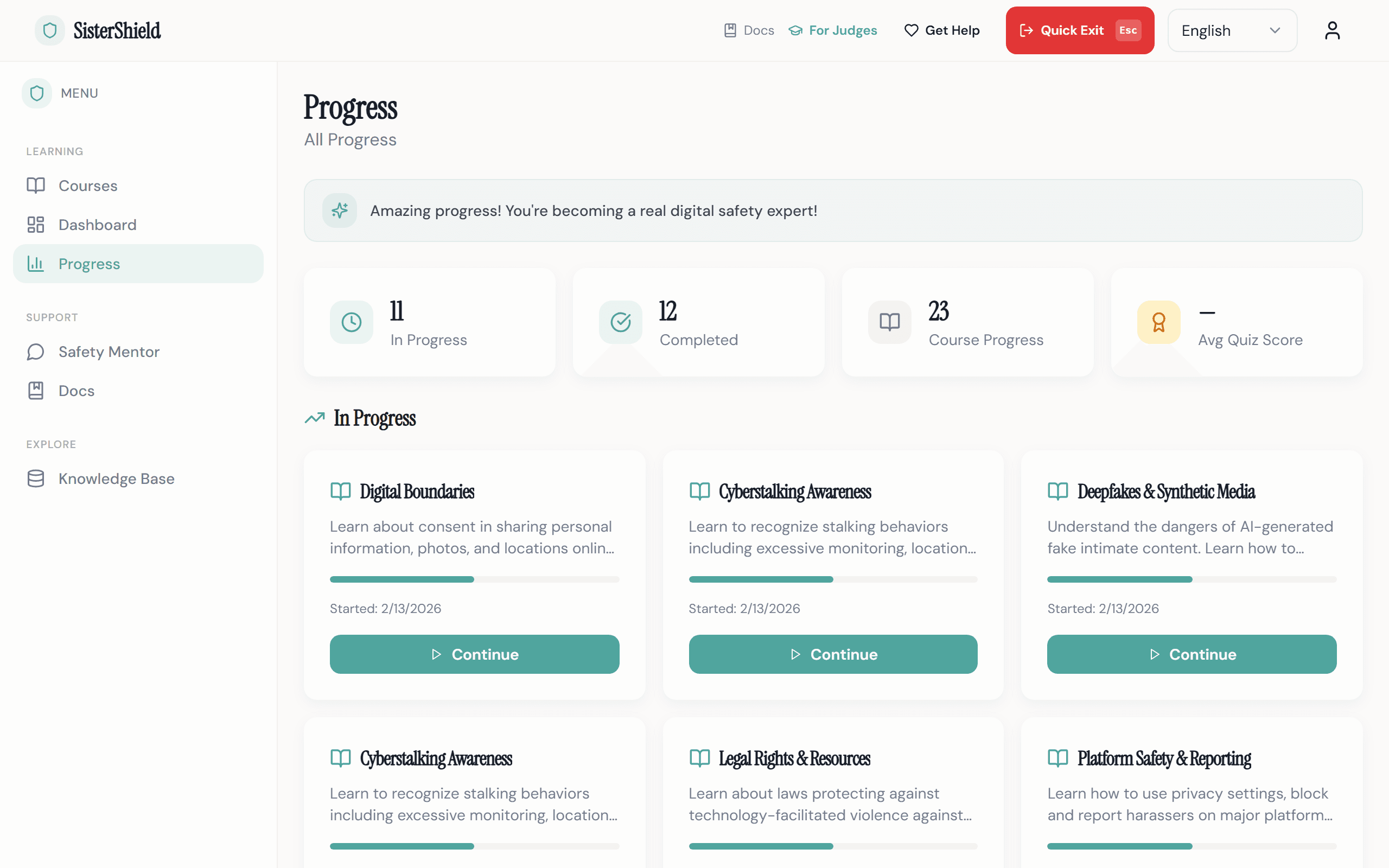 Teacher progress dashboard showing student completion stats, quiz scores, and course progress tracking